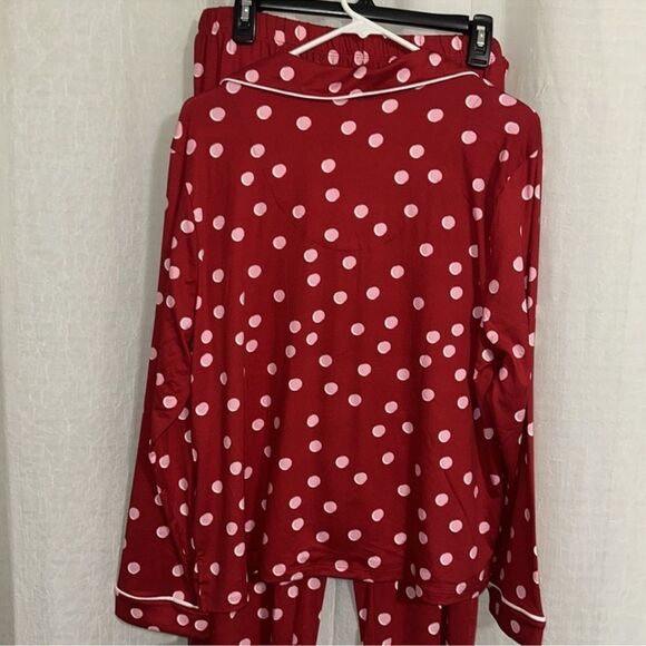 kate spade L-XL Red Pink Polka Notch Collar Long Sleeve Pajama Set - Picture 2 of 11